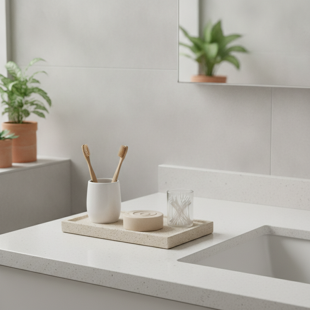 Organisateur de salle de bain en diatomite rangeant des accessoires sur un plan vasque épuré