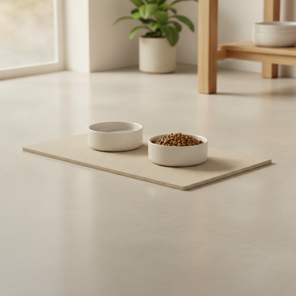 Tapis en diatomite sous deux gamelles pour animaux, sol de cuisine sec et propre