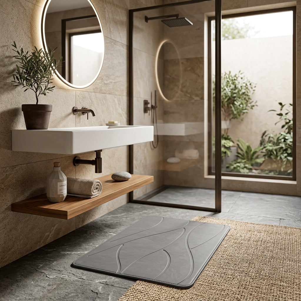 Tapis de bain en pierre de diatomite - posé devant la douche