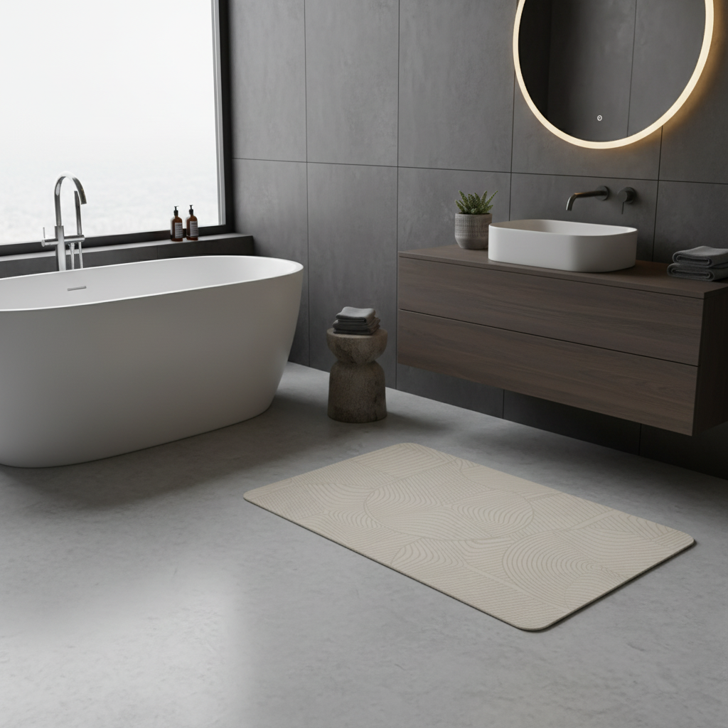 Tapis de bain en diatomite blanc - posé en salle de bain