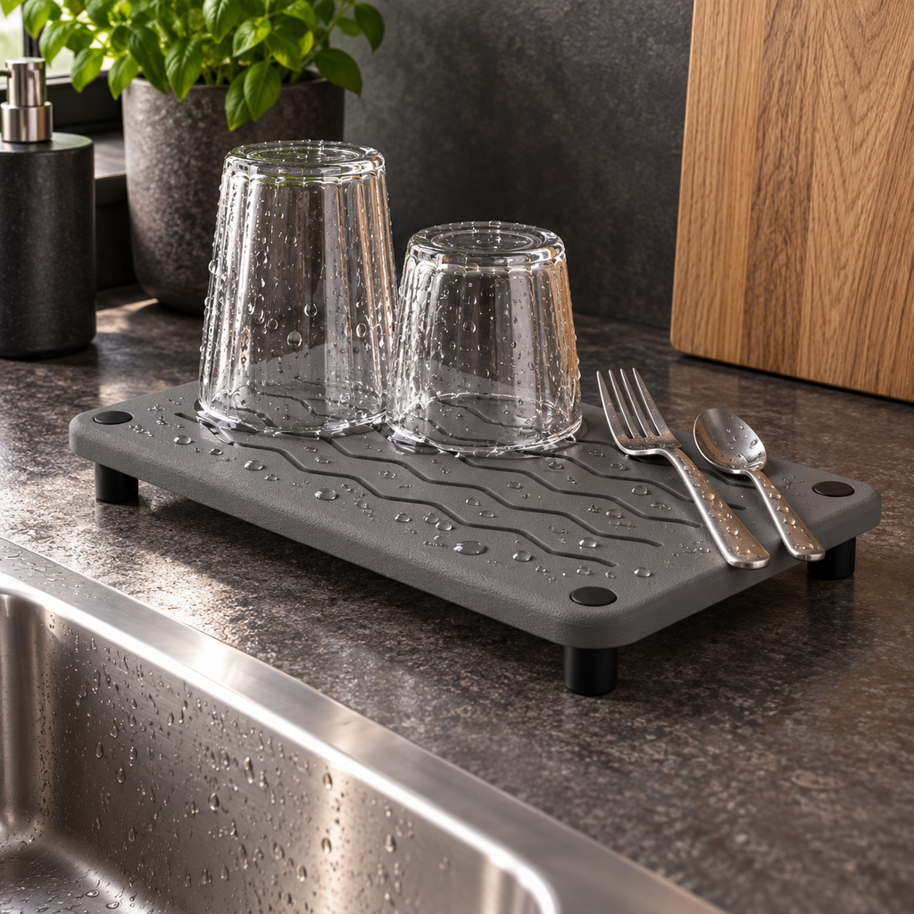 Égouttoir Vaisselle Noir – Lignes Ondulées dans une cuisine contemporaine