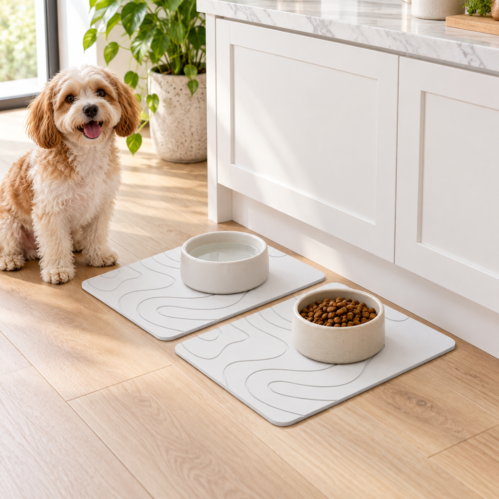 Lot De 2 Tapis Diatomite Pour Animaux – Blanc / 30x40cm, Blanc / 35x45cm, Blanc / 40x60cm dans un coin repas pour animal