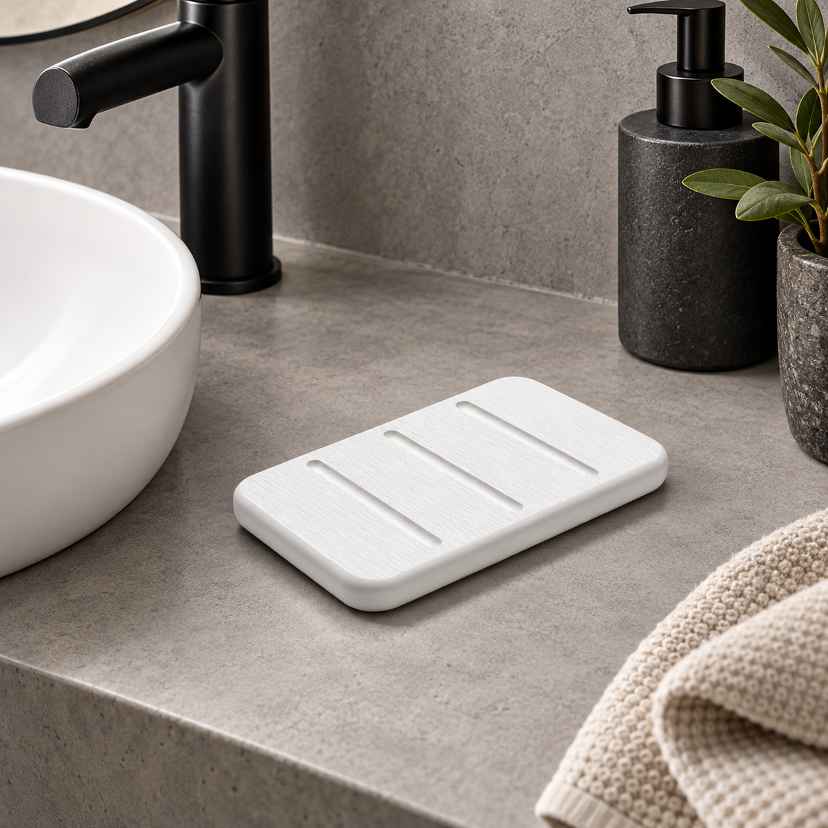 Porte Savon Blanc dans une salle de bain contemporaine