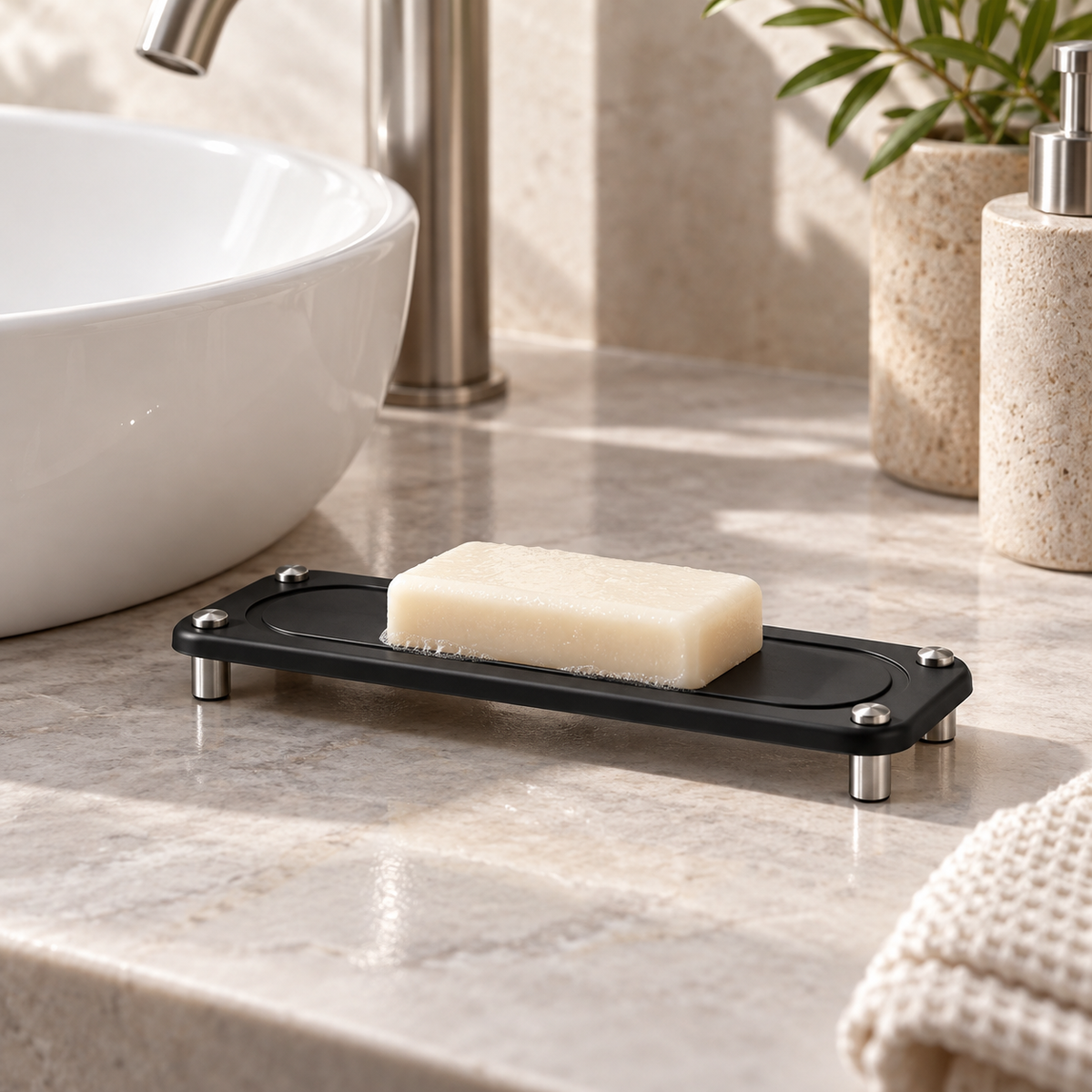 Porte Savon Lavabo – Noir sur un meuble de salle de bain en bois