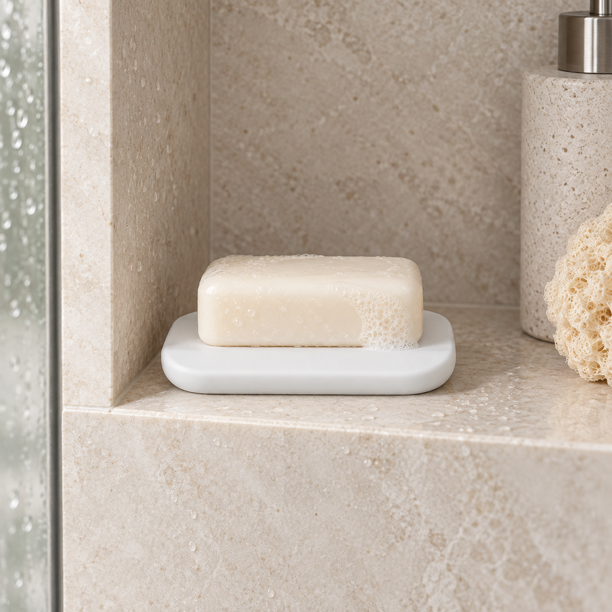Porte Savon Moderne – Blanc sur un meuble de salle de bain en bois