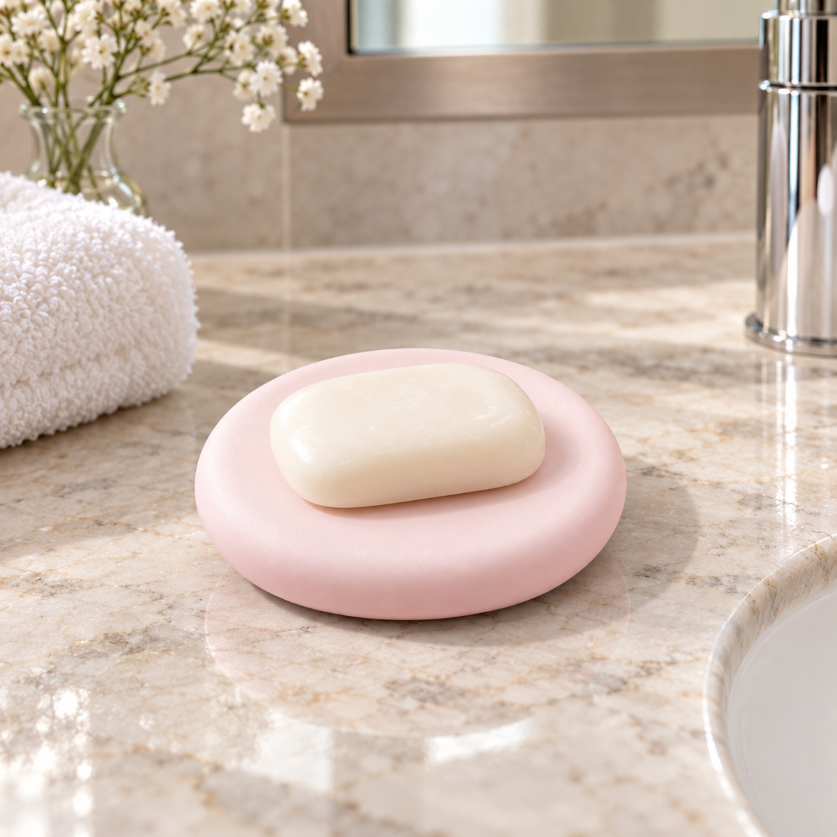 Porte Savon Voyage – Rose sur un lavabo lumineux