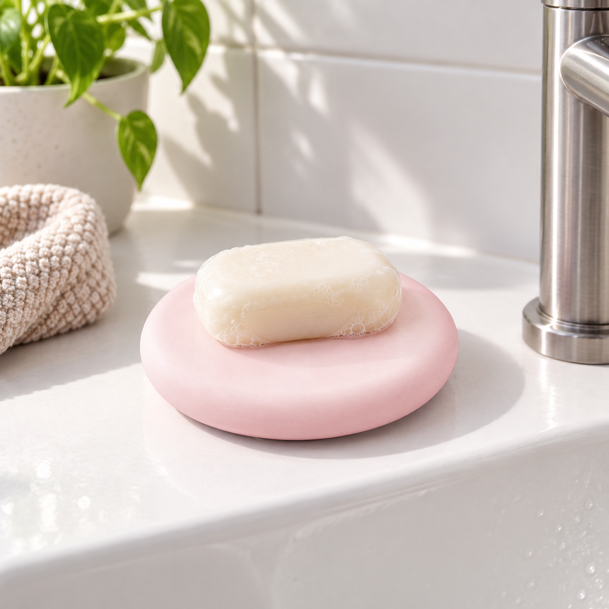 Porte Savon Voyage – Rose dans une salle de bain contemporaine