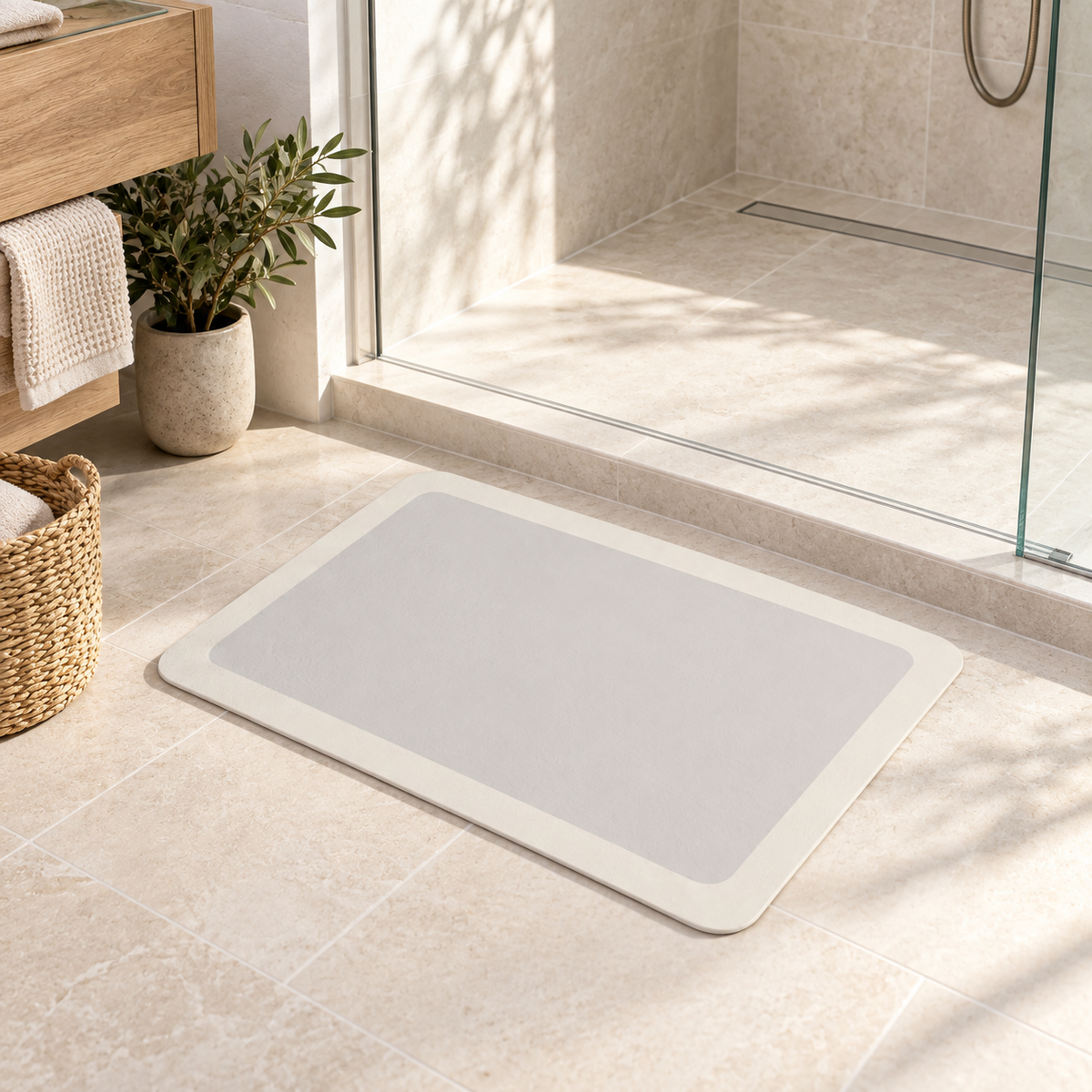Tapis De Bain Diatomite Sur Mesure – Rectangle Plein dans une salle de bain lumineuse