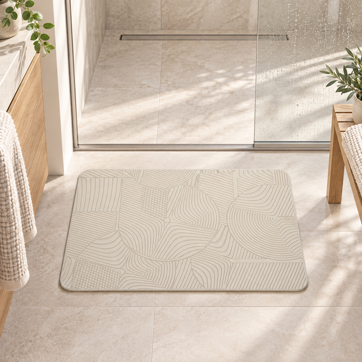 Tapis Diatomite Blanc – Blanc dans une salle de bain lumineuse